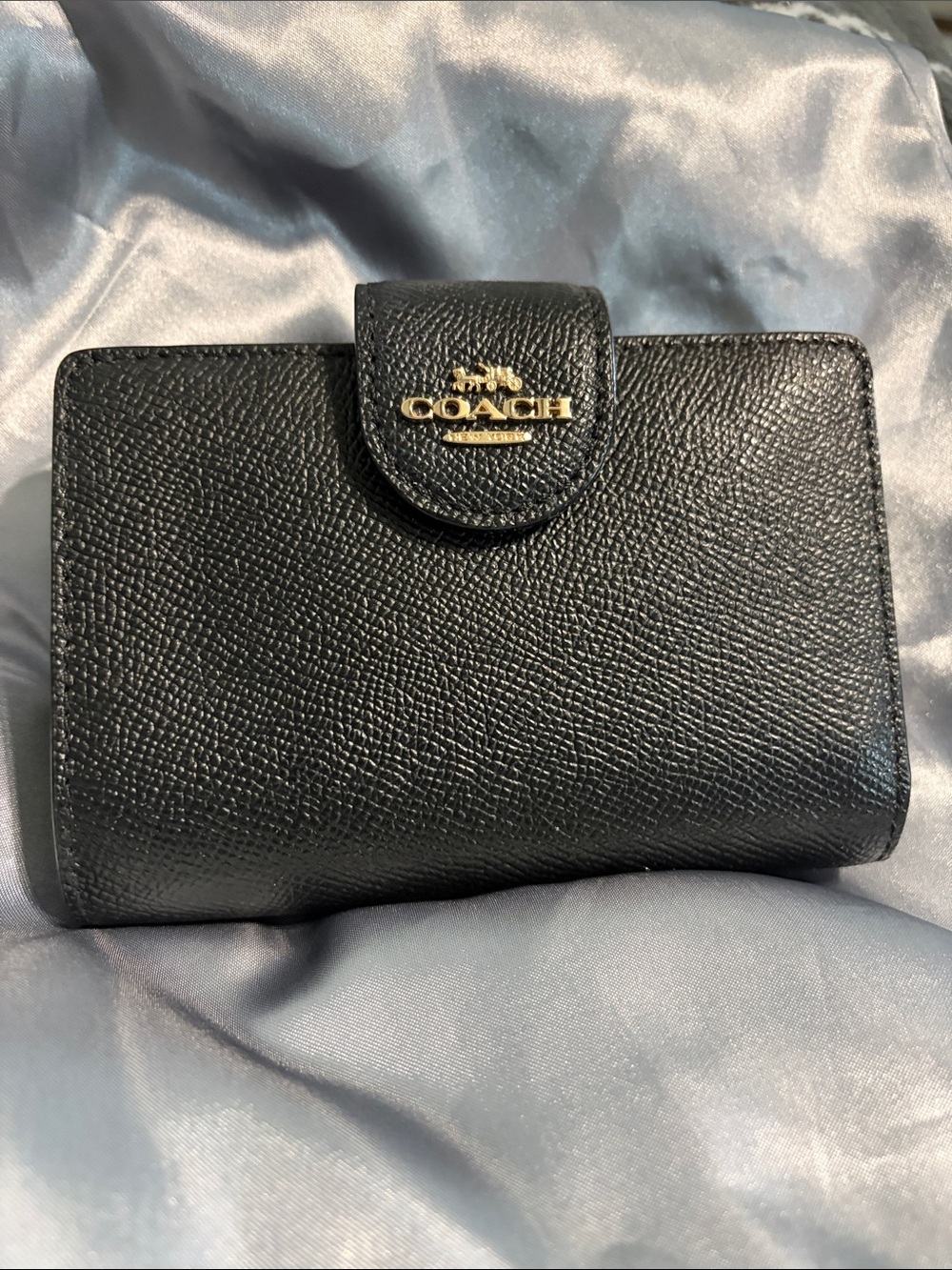Coach Black Pebbled Leather Snap Wallet with Gold Logo Hardware